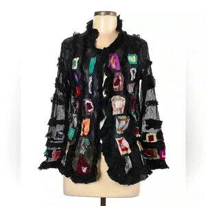 Lee Anderson Art To Wear Silk Cardigan Patchwork Embroidered Ruffled Jacket M